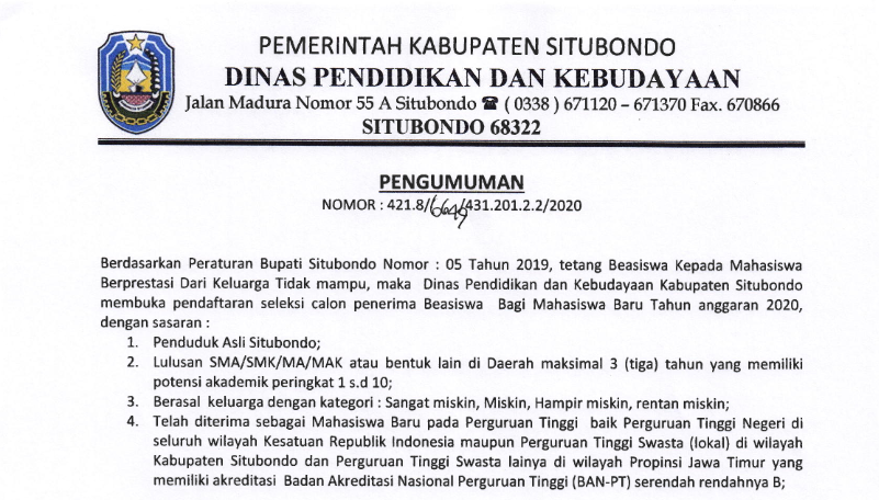 Pembukaan Pendaftaran Beasiswa Situbondo Unggul 2020