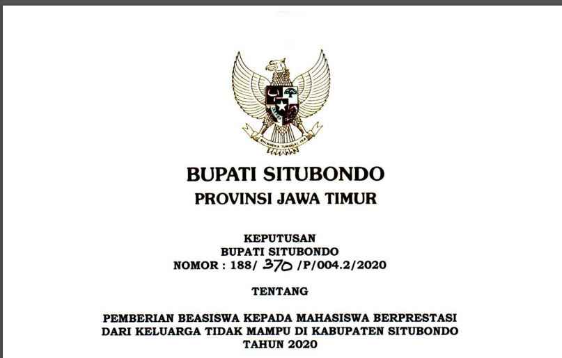 SK PENETAPAN PENERIMA BEASISWA SITUBONDO UNGGUL 2020