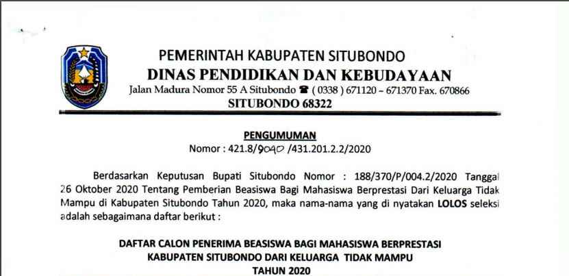 PENGUMUMAN PENERIMA BEASISWA SITUBONDO UNGGUL 2020