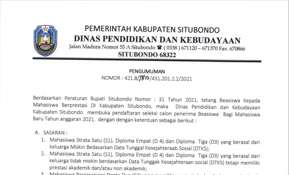 PENGUMUMAN PENDAFTARAN BEASISWA SITUBONDO CERDAS 2021