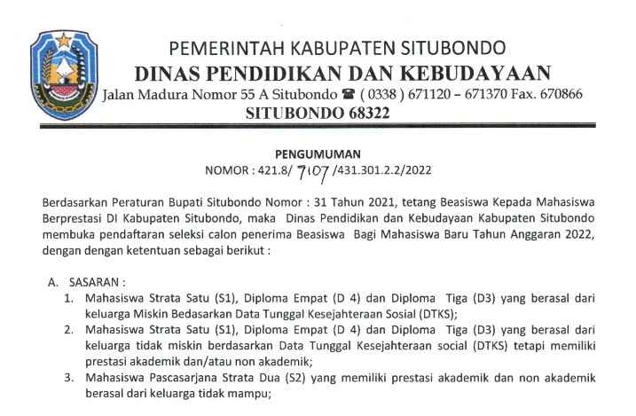 Pengumuman Pendaftaran Seleksi Beasiswa Berprestasi Tahun 2022